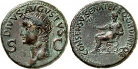 RÖMISCHES KAISERREICH. 
Divus Augustus z.Z. Caligula 37-41. AE-Dupondius (37/41) 14,67g. Kopf mit Strahlenkrone n.l. S - C, DIVVS AVGVSTVS / CONSENSV...
