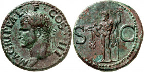 RÖMISCHES KAISERREICH. 
Agrippa +12 v.Chr., z.Z. Caligula. AE-As 12,42g. Kopf mit Rostralkrone n.l. M AGRIPPA L - F COS III / S - C Neptunus steht na...