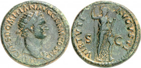 RÖMISCHES KAISERREICH. 
DOMITIANUS, Augustus 81-96. AE-Dupondius (92/94) 12,35g. Kopf m. Strkr. n.r. IMP CAES DOMIT AVG GERM COS XVI CENS PER P P / V...