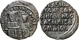 BYZANZ. 
BASILIOS I. mit KONSTANTINOS 868-870. AE-Follis 25/26mm 4,74g, Konstantinopel. Beide thronen in Loroi m. Kreuzkronen v.v. +bASILO S CONST AU...