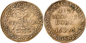 BELGIEN. 
Rechenpfennige. 
Cu-Rechenpfennig 1673 Antwerpen, a. d. It. Rentmeister Johann B. Roessoens. Wappen in floraler Bordüre / Motto über Jahr....