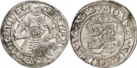 DÄNEMARK. 
KÖNIGREICH. 
Christian III. 1537-1559. 2 Skilling 1537 Gottorp. Hüftbild v.vorn / Wappen. Galster 132. R. 


l. Schrf.,ss+