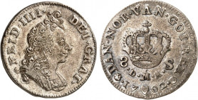 DÄNEMARK. 
KÖNIGREICH. 
Frederik IV. 1699-1730. 8&nbsp;Skilling 1702 Geharn. Brb. n.r.&nbsp;/ Krone. Hede&nbsp; 42, KM&nbsp; 470. . 


vz-