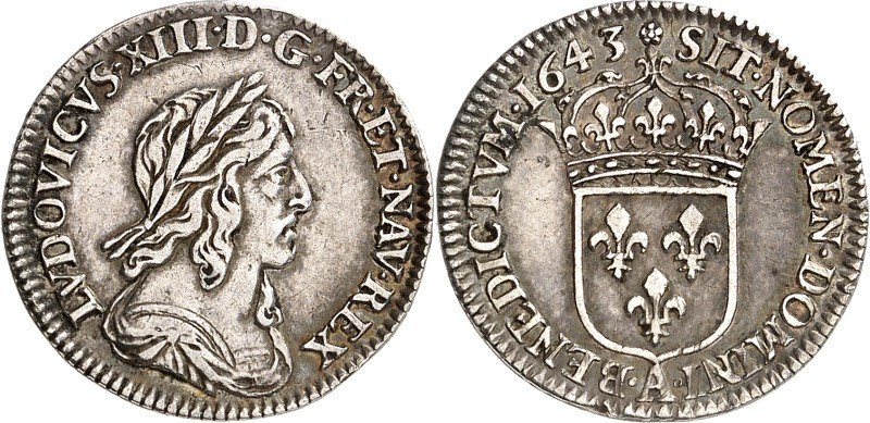 FRANKREICH. 
Louis XIII. 1610-1643. Douzieme (1/12) d'écu 1643 A, Paris. Belorb...