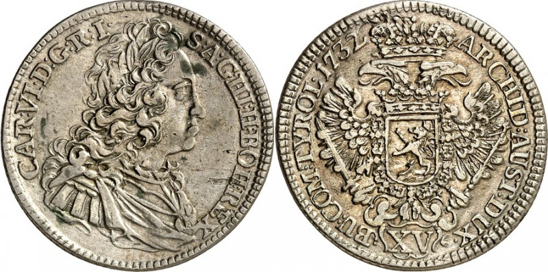 Römisch Deutsches Reich. 
Karl VI. 1711-1740. 15 Kreuzer 1732 ohne Mz. Prag. Ge...