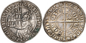 Aachen, Stadt. 
z.Z. Wilhelm I. von Jülich (Pfandbesitz) 1356-1361. Karlsgroschen (ca. um 1350) 2,66g. Karl d. Große knieend mit Krone und Heiligensc...