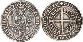 Aachen, Stadt. 
z.Z. Reinald I. von Jülich (Pfandbesitz) 1402-1423. Turnosgroschen 1404, 2,43 g Karl d. Grosse im gekrönten Hüftbild v.vorn mit Nimbu...