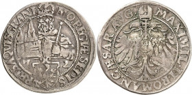 Aachen, Stadt. 
z.Z. Maximilian II. 1564-1576. Achtel Taler 1568 Karl d.Gr. thront mit Zepter u. Münsterkirche über Adlerschild/ gekrönter Doppeladle...