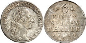 Brandenburg/-Preussen. 
Friedrich II. der Grosse 1740-1786. 1/6&nbsp;Reichstaler 1764 C, Kleve. Belorb. Kopf n.r.&nbsp;/ 6&nbsp;Z. Wert, Jahr u. Mzz....