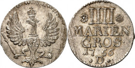 Brandenburg/-Preussen. 
Friedrich II. der Grosse 1740-1786. IIII Mariengroschen 1756 D, Aurich. Gekr. Adler&nbsp;/ 5&nbsp;Z. Wert, Jahr u. Mzz.; oben...