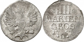 Brandenburg/-Preussen. 
Friedrich II. der Grosse 1740-1786. IIII Mariengroschen 1757 D, Aurich. Gekr. Adler / 5 Z. Wert, Jahr u. Mzz.; oben 2 Sechsbl...