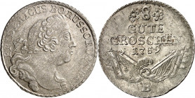 Brandenburg/-Preussen. 
Friedrich II. der Grosse 1740-1786. 8&nbsp;Gute Groschen 1759 B, Breslau. Kopf n.r. / Wert und Jahr in 4 Zeilen, darunter Hel...