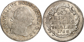 Brandenburg/-Preussen. 
Friedrich II. der Grosse 1740-1786. 1/3 Reichstaler 1758 o.Mzz., Dresden, Kriegsgeld. Kopf n.r. / Wert in Arabeskenkranz. Old...