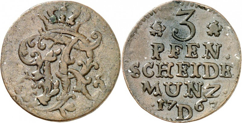 Brandenburg/-Preussen. 
Friedrich II. der Grosse 1740-1786. Cu-3 Pfennige 1763 ...