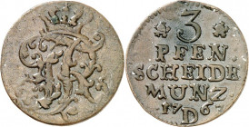 Brandenburg/-Preussen. 
Friedrich II. der Grosse 1740-1786. Cu-3 Pfennige 1763 D, Aurich, Kriegsprägung. Gekr. verziertes Monogramm FR / 5 Z. Wert, J...