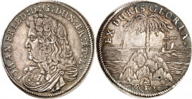 Braunschweig/-Calenberg-Hannover. 
Johann Friedrich 1665-1679. 2/3 Taler (Palmbaumgulden) 1677 Zellerfeld, Brb. n.l. / Palme auf Felsen im Meer. W.&n...