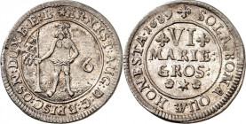 Braunschweig/-Calenberg-Hannover. 
Ernst August 1679-1698. 6&nbsp;Mariengroschen Feinsilber 1689 o.Mmz. Wilder Mann&nbsp;/ 3&nbsp;Z. Wert. W.&nbsp; 2...