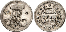 Braunschweig/-Calenberg-Hannover. 
Ernst August 1679-1698. 4 Pfenning Landmünze 1693 o.Mz. Clausthal, Gekröntes lingiertes Monogramm zw.*-*/ 3 Z.Wert...