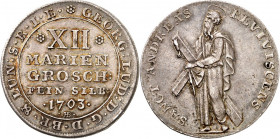 Braunschweig/-Calenberg-Hannover. 
Georg Ludwig 1698-1714(-1727). 12 Mariengroschen Feinsilber 1703 HB Clausthal Ausbeute. 6 Z.Wert u.Jahr / St.&nbsp...