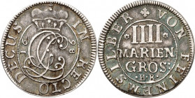 Braunschweig/-Calenberg-Hannover. 
Georg Ludwig 1698-1714(-1727). 4 Mariengroschen Feinsilber 1698 .H.B. Clausthal. Gekr. Monogramm / 4 Zeilen Wert. ...