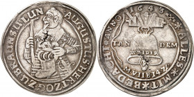 Braunschweig/-Wolfenbüttel. 
August d. Jüngere 1635-1666. Reichstaler ("6. Glockentlr.") 1643 Hüftbild n.l. / Hängende Glocke mit WAIDIR u. Planetenz...