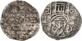 Essen, Abtei. 
Bertha von Arnsberg 1243-1293. Denar. 1,32g. Thron. Rudolf v. Habsburg mit Zepter und Reichsapfel / Kirchengebäude mit Turm und 2 Fahn...