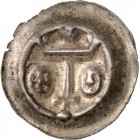 Goslar, Reichsmünzstätte. 
Anonym um 1240/1290. Brakteat (1260-80) 0,76g. Köpfe der Apostel Simon u. Judas v.v. neben senkrechtem Schwert unter Krone...