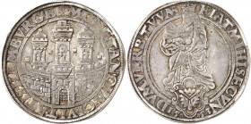 Hamburg, Stadt. 
z.Z. Karl&nbsp;V. 1519-1556. Taler 1553. Stadtburg&nbsp;/ Madonna mit Kind über Nesselwappen. Gaed.&nbsp; 308, Dv.&nbsp; 9217. . 
...