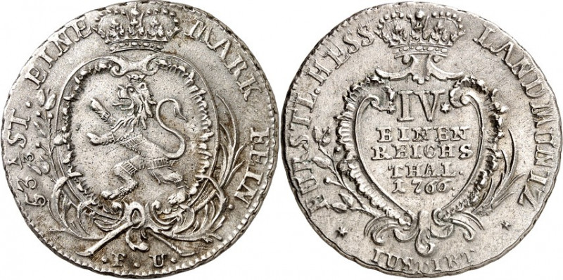 Hessen/-Kassel. 
Friedrich II. 1760-1785. 1/4 Taler 1766 F * U. Gekrönter Löwe ...