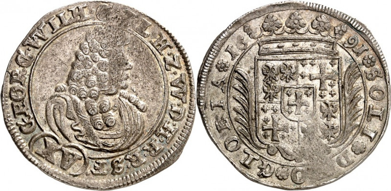 Leiningen/-Westerburg. 
Georg Wilhelm 1637-1695. 15 Kreuzer 1691 Brb. n.r. mit ...