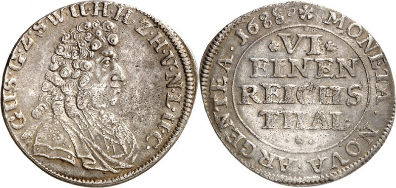 Sayn/-Wittgenstein-Hohenstein. 
Gustav 1657-1701. 1/6 Reichstaler 1688 Stettin....