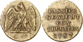 Deutsche Gebiete. 
PREUSSEN. 
Gewichte. 1 Dukat 1787 Vollwicht Me. Old. 501, Tewes 28. . 


vz