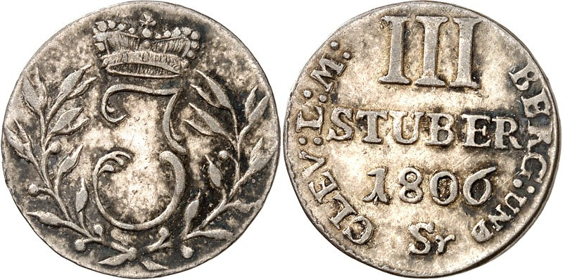 Berg. 
Joachim Murat 1806-1808. 3 Stüber 1806 Sr, J. 168, AKS 12. . 


ss