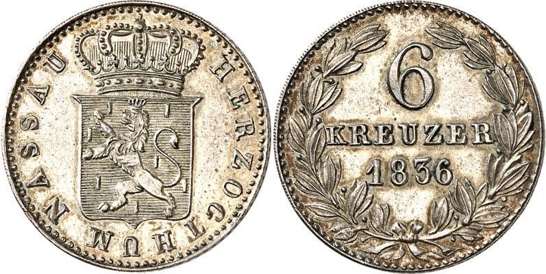 Nassau. 
Wilhelm 1816-1839. 6 Kreuzer 1836. AKS 47, J. 40. . 


vz-St