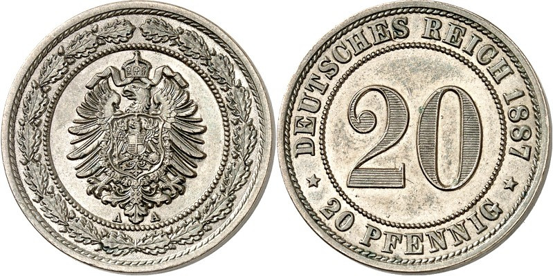 KAISERREICH-Kleinmünzen. 
20&nbsp;Pfennig 1887A CuNi. Alter Adler. J. 6. . 

...