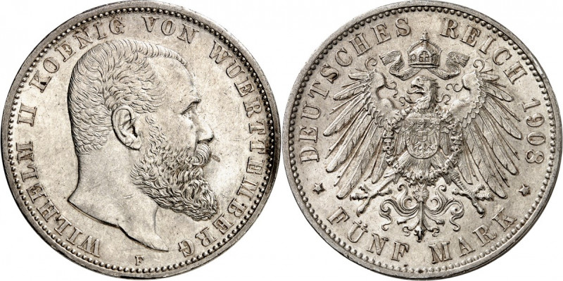 KAISERREICH. 
WÜRTTEMBERG, Königreich. 
5 Mark 1908 Wilhelm II. J. 176. . 

...