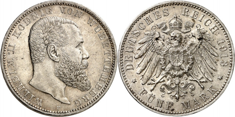 KAISERREICH. 
WÜRTTEMBERG, Königreich. 
5 Mark 1913 Wilhelm II. J. 176. . 

...