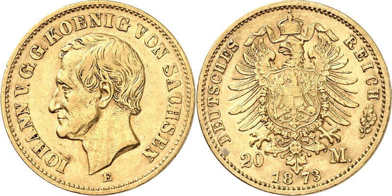 REICHSGOLD. 
SACHSEN. 
20 Mark 1873 Johann / Alter Adler. J.&nbsp; 259. 7,17g ...