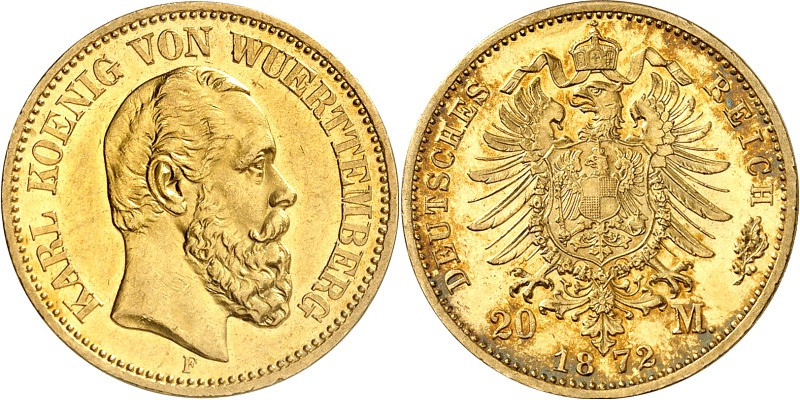 REICHSGOLD. 
WÜRTTEMBERG. 
20 Mark 1872 Karl. J.&nbsp; 290. . 


GOLD vz+