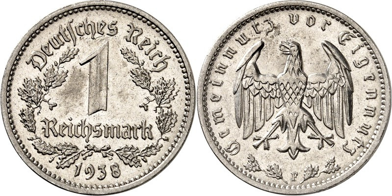 DRITTES REICH. 
KURSMÜNZEN. 1 Reichsmark 1938F Ni. J. 354. . 


vz-St