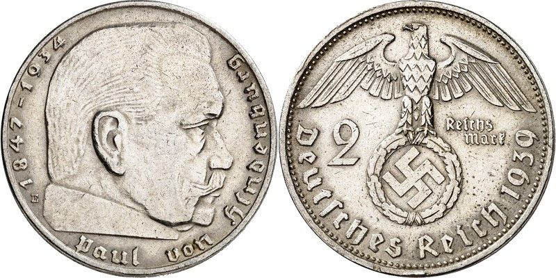 DRITTES REICH. 
KURSMÜNZEN. 2 Reichsmark 1939E Hindenburg. J. 366. . 


Rf.,...