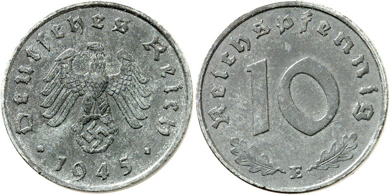 DRITTES REICH. 
KURSMÜNZEN. 10 Reichspfennig 1945E Zn. J. 371. . 


vz-