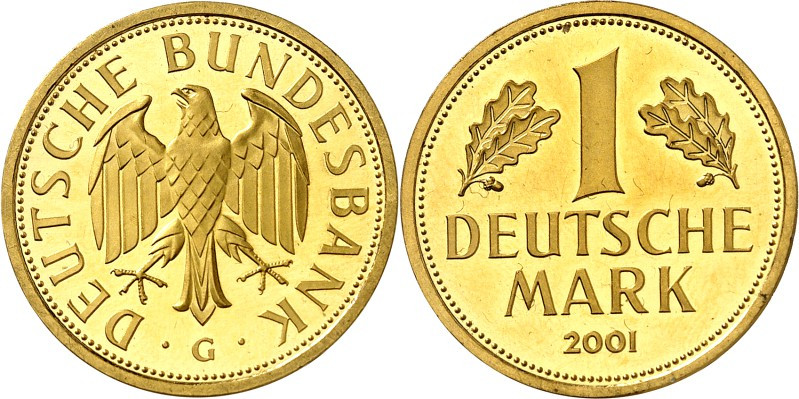 BUNDESREPUBLIK. 
GEDENKMÜNZEN und MEDAILLEN in GOLD. 
1 Mark 2001&nbsp;G. J. 4...