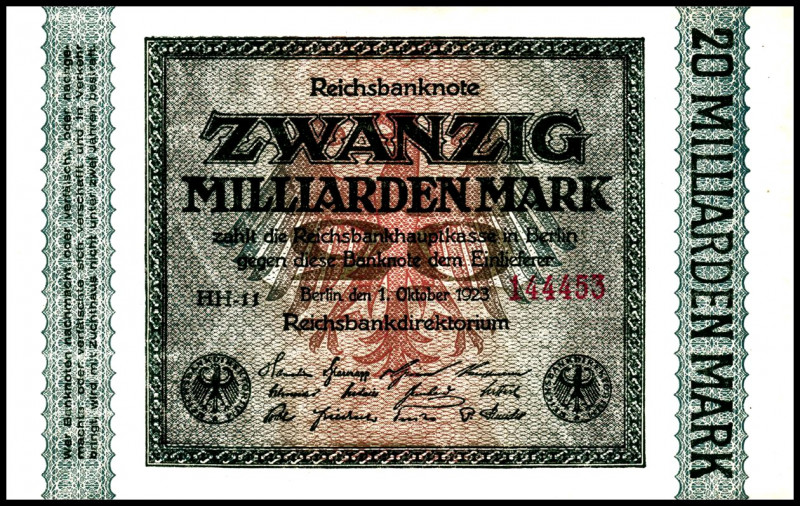 Inflation von 1919/1924. 
20 Milliarden Mark 1.10.1923 Wz. Hakensterne, KN 6 st...