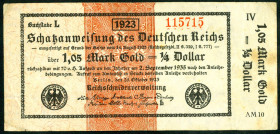 Wertbeständiges Notgeld 1923. 
1.05 Mark Gold - 1/4 Dollar 26.10.1923 Teilstück der Schatzanweisung, 6 stellig, FZ:AM. Ros. 143d/DEU 143. . 


III...