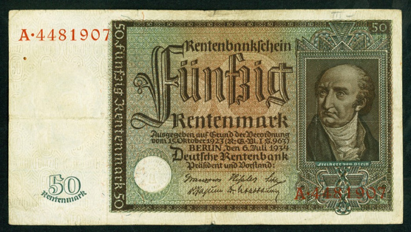 Rentenbank von 1923/1937. 
50 Rentenmark 6.7.1934 Serie A. Ros. 165. . 


II...