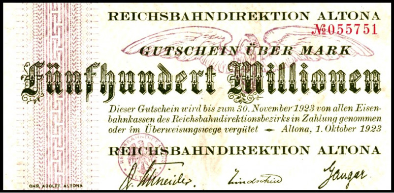 REICHSBAHN. 
Altona, Reichsbahndirektion. 100, 200, 500 Mio.Mark 1.10.1923. Mü-...