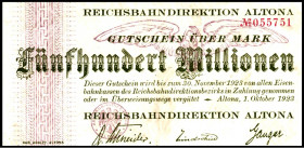 REICHSBAHN. 
Altona, Reichsbahndirektion. 100, 200, 500 Mio.Mark 1.10.1923. Mü-Ge. 001.10, 11a, 12a. (4). 


II-III