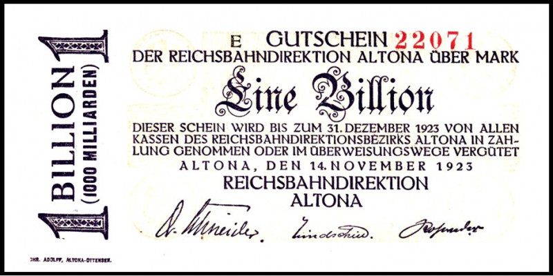 REICHSBAHN. 
Altona, Reichsbahndirektion. 1 Bio.Mark 27.10.1923. Mü-Ge. 001.23c...