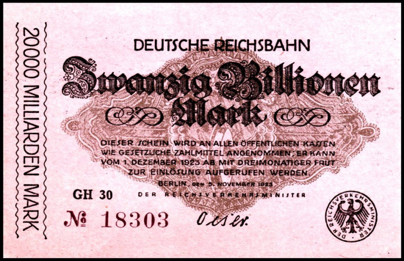 REICHSBAHN. 
Berlin, Reichsverkehrsminister. 20 Bio.Mark 5.11.1923. M.-G. 002.2...